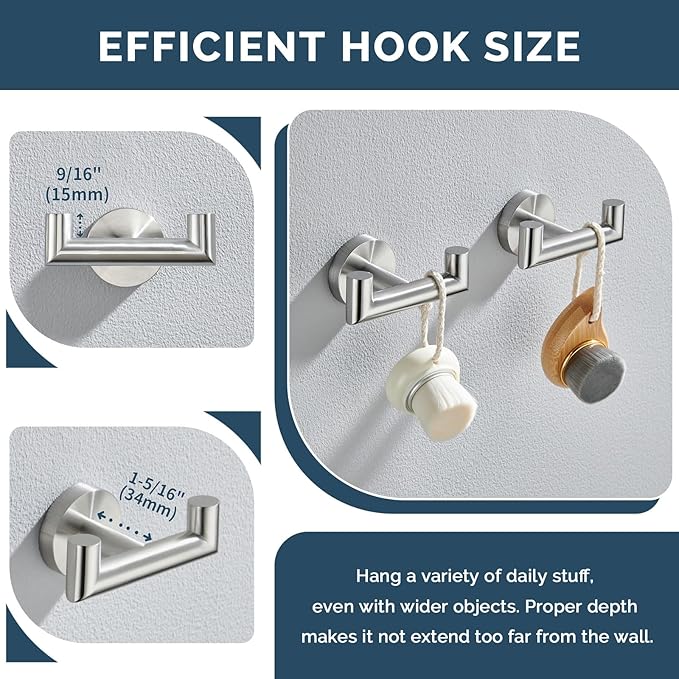 Angle Simple Towel Hook Brushed Nickel 2 PCS, SUS304 Stainless Steel Double Robe Hook, Bathroom Towel Holder, Wall Mount