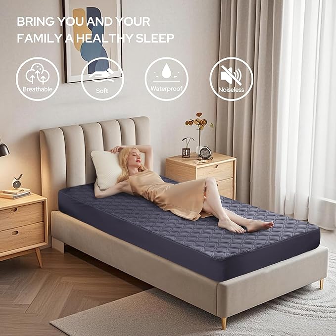 BEDLORE Waterproof Mattress Protector, Twin XL Size Noiseless Mattress Pad with Deep Pocket 6"-15" Depth, Soft Breathable Bed Mattress Cover Washable for Home, Bedroom, Hotel (Navy Blue)