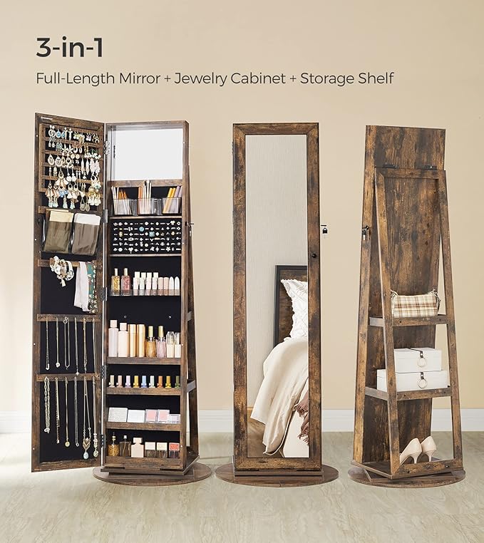 SONGMICS 360° Swivel Jewelry Cabinet, Lockable Jewelry Organizer with Full-Length Mirror, Rear Storage Shelves, Interior Mirror, Jewelry Armoire, Christmas Gifts for Women, Rustic Brown UJJC006X01