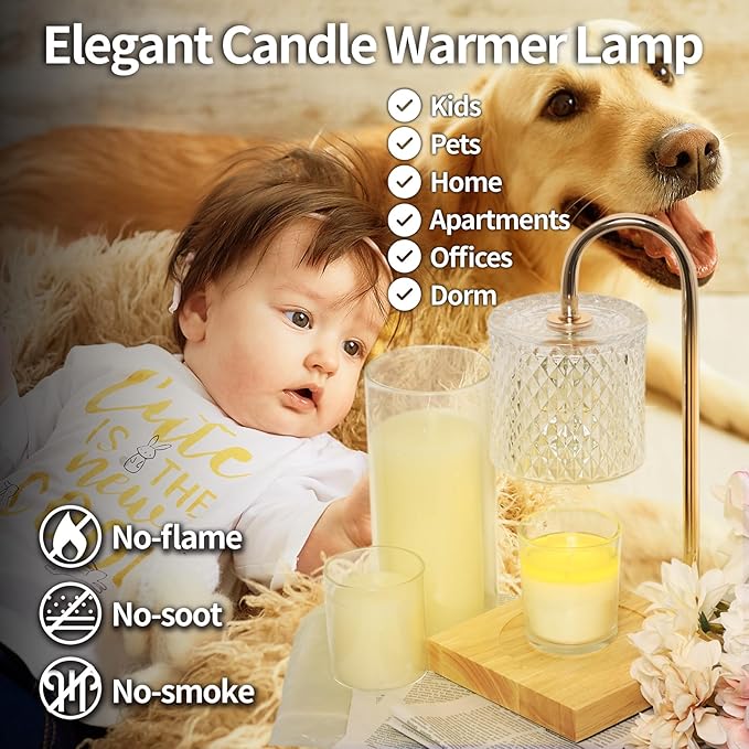 Candle Warmer Lamp, Candle Lamp Wax Warmer, Timer & Dimmer 7-Levels, Fits Cup Jar Candle, Top Melting, Crystal Heater Lamp for Scented Wax, Elegant Home Decor, Clear Glass