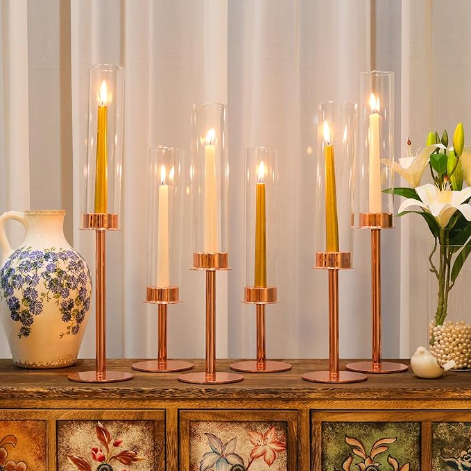 Hurricane Candle Holders Set of 6 Metal Candlestick Holder for Glass Taper Tall Candle Holders with Crystal Chimney Tube Candles Stands for Home Decor, Christmas, Dinning (6, Rose Gold)