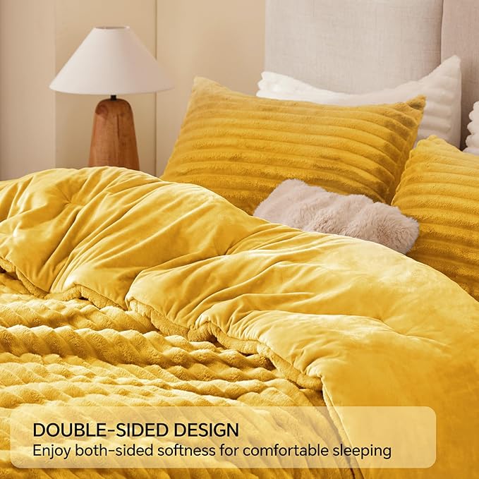 BEDELITE Fleece Queen Comforter Set -Super Soft & Warm Fluffy Mustard Yellow Bedding, Luxury Fuzzy Heavy Bed Set for Winter with 2 Pillow Cases
