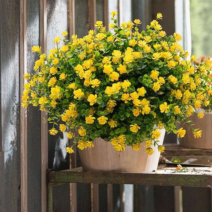 Artificial Fake Flowers Plants for Outdoor, 16 Bundles Faux Eucalyptus Flower UV Resistant Realistic for Planter Front Door Porch Patio Yellow