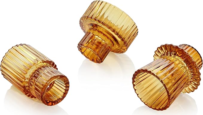 Vixdonos Taper Glass Candlestick Holders Tealight Candle Holders for Table Centerpieces, Wedding Decor and Dinner Party (3 Pcs, Amber)