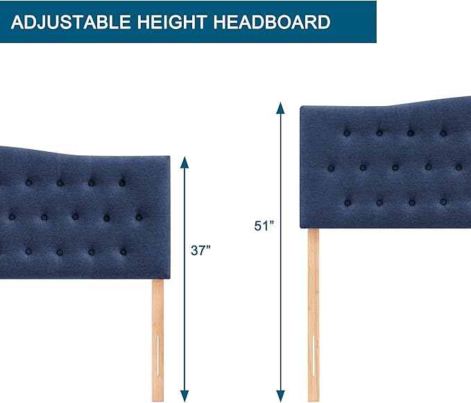 Tufted Upholstered Headboard King Size, Sturdy & Durable Solid Wood Bed headboard, Fabric Headboard Adjustable Height from 37” to 51”, Modern Button Diamond Design Head Board, Blue
