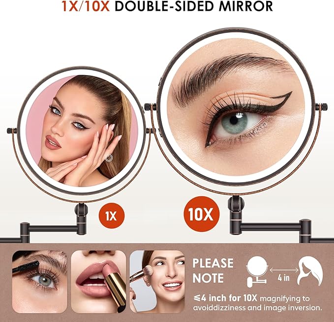 9" Wall Mounted Lighted Makeup Mirror,4000mAh Rechargeable Double Sided 1X/10X Magnifying Mirror with Light,3 Color Lights,Touch Dimmable,Extended Arm 360 Rotation Wall Mounted Makeup Mirror (Bronze)