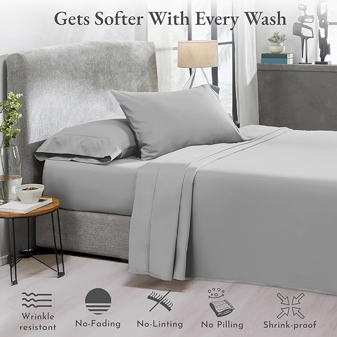 California Design Den 2-Pack Queen Bed Sheets Set - 400 Thread Count 100% Cotton Sateen - Extra Soft, Breathable & Cooling Sheets, Wrinkle Resistant, 2 Sets of Deep Pocket Bed Sheets - Light Grey