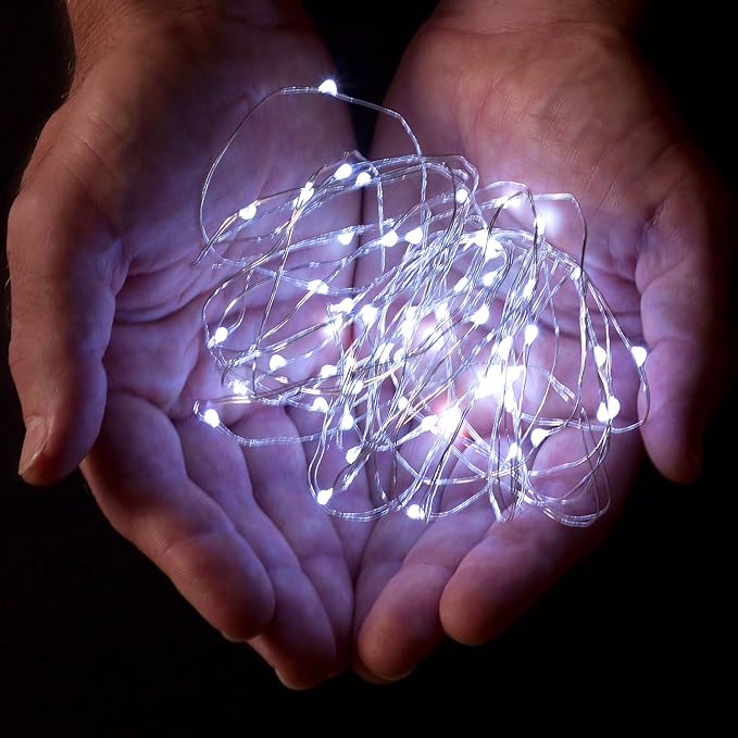 2 Sets 20 LEDs Cold White Color String Lights Silver Wire Indoor and Outdoor 6.5 Feet Firefly Starry Fairy Lights Battery Powered for DIY, Christmas, Holidays, Party, Bedroom and Centerpieces