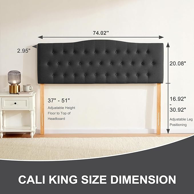 Tufted Upholstered Headboard California King, Sturdy and Durable Solid Wood Bed headboard, Fabric Headboard Adjustable Height from 37” to 51”, Button Diamond Design Head Board, Black