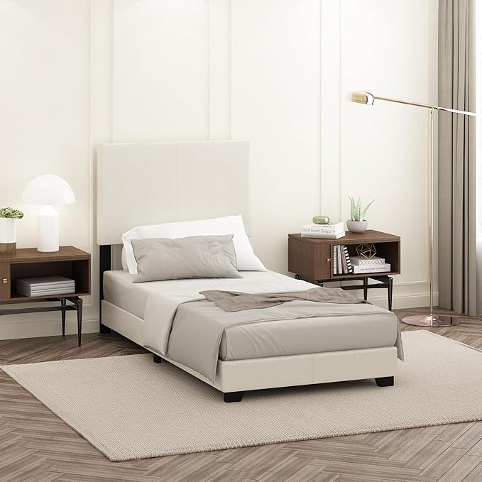 Furinno Pessac Upholstered Bed Frame, White PU Leather, Twin XL