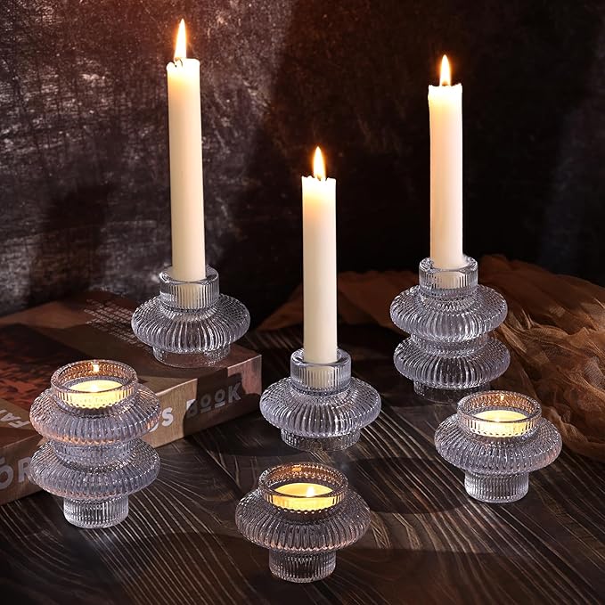 Candle Stick Candle Holder Set of 8, Taper Candle Holders for Wedding Table Centerpiece, Ribbed Glass Votive Candle Holders for Christmas, Romantic Dinner, Festival & Windowsill Decor