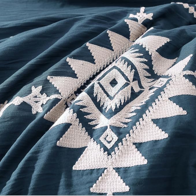 MaiRêve Embroidery Queen Size Comforter Set Navy Blue, Boho Farmhouse Western Bedding Set 7 Pieces, All Season Bed in A Bag Comforter Set with Sheets, Pillowcases & Shams