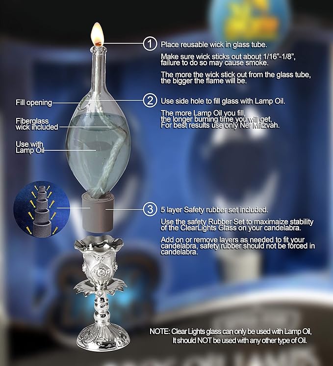 Glass Paraffin Shabbat Candle Holder Cup and Wick – Tear Drop Shape, 2 Pack – Pretty and Elegant Design – Fits Standard Candlesticks - for Paraffin Lamp Oil - No Mess Refill - Ner Mitzvah