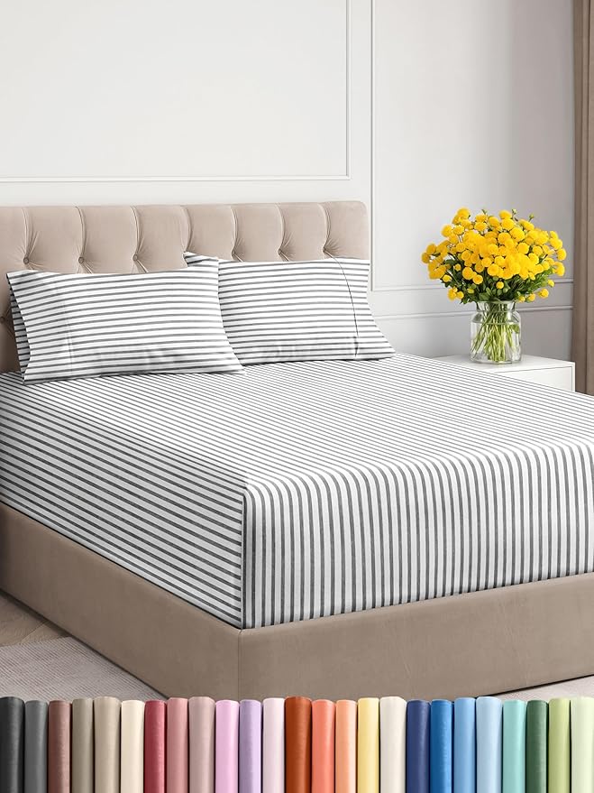 Extra Deep Twin XL Sheet Set - 4 Piece Breathable and Cooling Sheets - Hotel Luxury Bed Sheets Set - Easy Fit - Soft, Wrinkle Free and Comfy Sheets Set - Grey Striped Sheet Set with Extra Deep Pockets