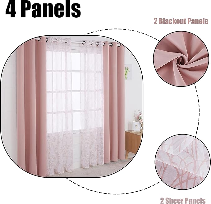 BONZER Mix and Match Curtains - 2 Pieces Branch Print Sheer Curtains and 2 Pieces Blackout Curtains for Bedroom Living Room Grommet Window Drapes, 37x95 Inch/Panel, Blush, Set of 4 Panels