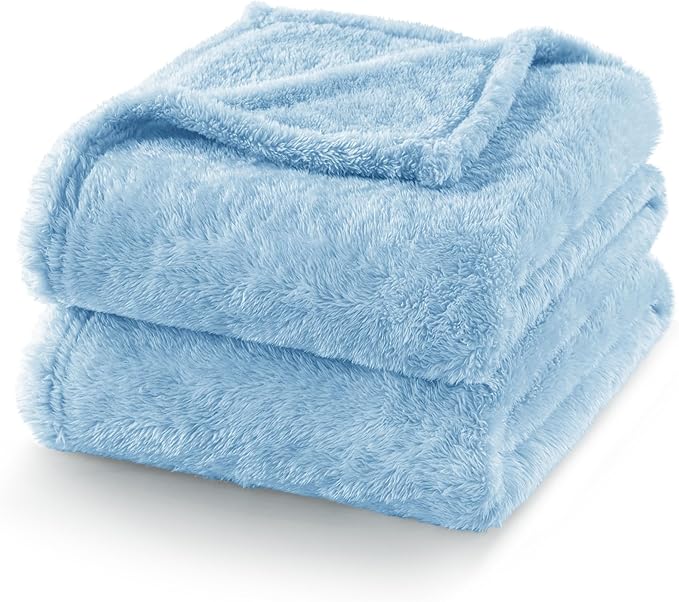 Exclusivo Mezcla Plush Fuzzy Fleece Bed Blanket Queen Size, Super Soft, Fluffy and Warm Blankets，Suitable for All Seasons (Light Blue, 90x90 Inches)