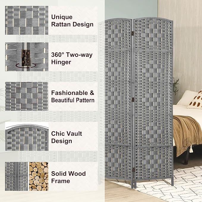 Rose Home Fashion 6 ft Tall Room Divider, Room Dividers and Folding Privacy Screens, 15.7in Privacy Screen 4 Panel Partition Temporary Wall Separation for Private, Grey