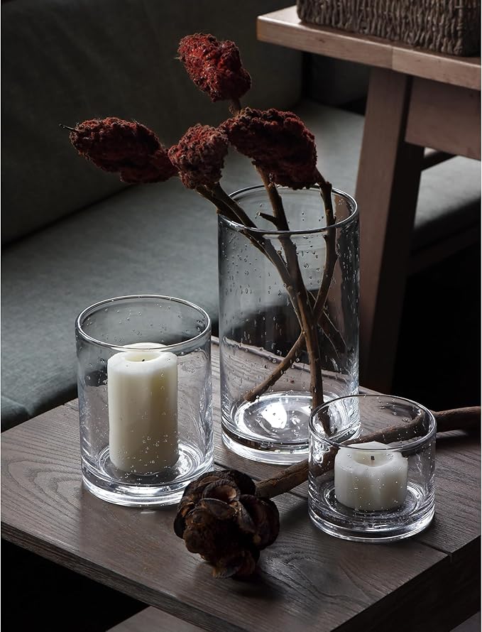 ARIAMOTION Hurricane Candle Holders for Pillar Hand Blown Glass Cylinder Vases Table Centerpiece Bulk Room Decor Clear Seeded Bubbles Living Dining Kitchen Island 10" 7" 4" Set of 3