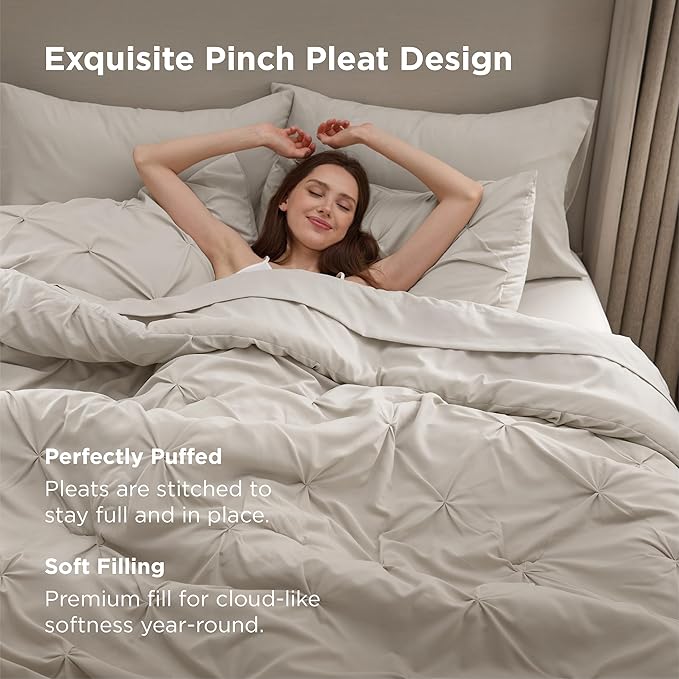 Bedsure Full Comforter Set Linen - Bed in a Bag Full Size Bedding Set 7 Pieces, GentleSoft™ Pintuck Bed Set Gift for Family, Pinch Pleat All Season Comforter with Sheets, Pillowcases & Shams