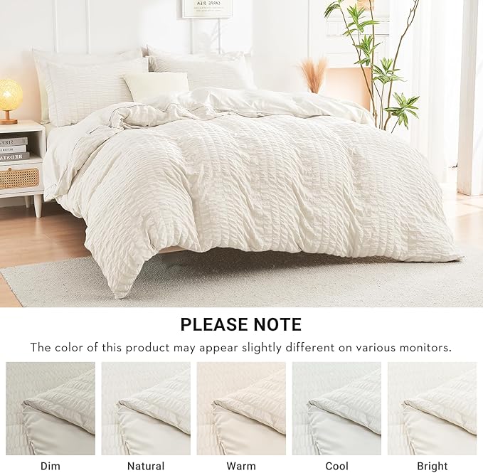 HYMOKEGE Ivory Twin Comforter Set Seersucker 5 Pieces, All Season Luxury Bed in a Bag for Bedroom, Bedding Set with Comforters, Sheets, Pillowcase & Shams