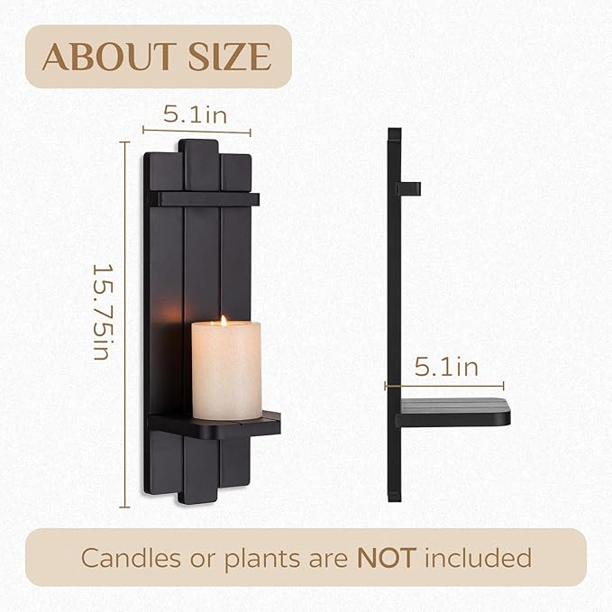 Candle Sconces Black Wall Decor Set of 2 - Wood Wall Candle Holders Set of Two for Small Vase Pillar Candles Tealight - Gothic Distressed Decor for Halloween