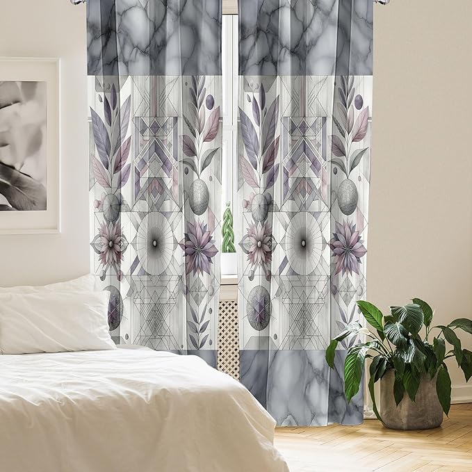 Ambesonne Geometric Floral Window Curtains Pack of 2, Classic Marble Print Ornate Leafy Flowers and Futurist Stripes, Lightweight Set with Rod Pocket, 4 Panels of - 28" x 63", Ceil Blue Laurel Green