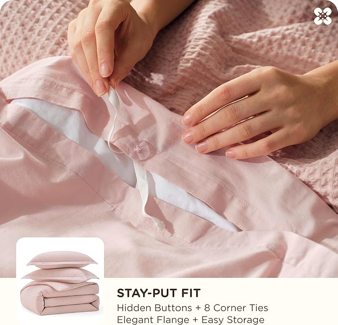 Bedsure Cotton Duvet Cover Queen - 100% Cotton Waffle Weave Pink Duvet Cover Queen Size, GentleSoft™ and Breathable Bedding Set for All Season, 3 Pieces, 90"x90"