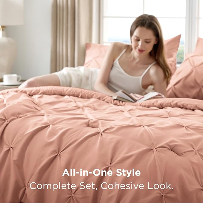 Bedsure King Size Comforter Set Dusty Pink - Bed in a Bag Bedding Set 7 Pieces, GentleSoft™ Pintuck Bed Set Gift for Family, Pinch Pleat Dusty Pink Comforter with Sheets, Pillowcases & Shams
