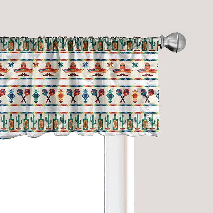 Ambesonne Mexican Window Valance Pack of 2, Latin American Cultural Native Borders Indigenous Saguaro Sombrero Tequila Bottle, Rod Pocket Curtain Valances for Kitchen Bedroom, 42" X 18", Jade Green