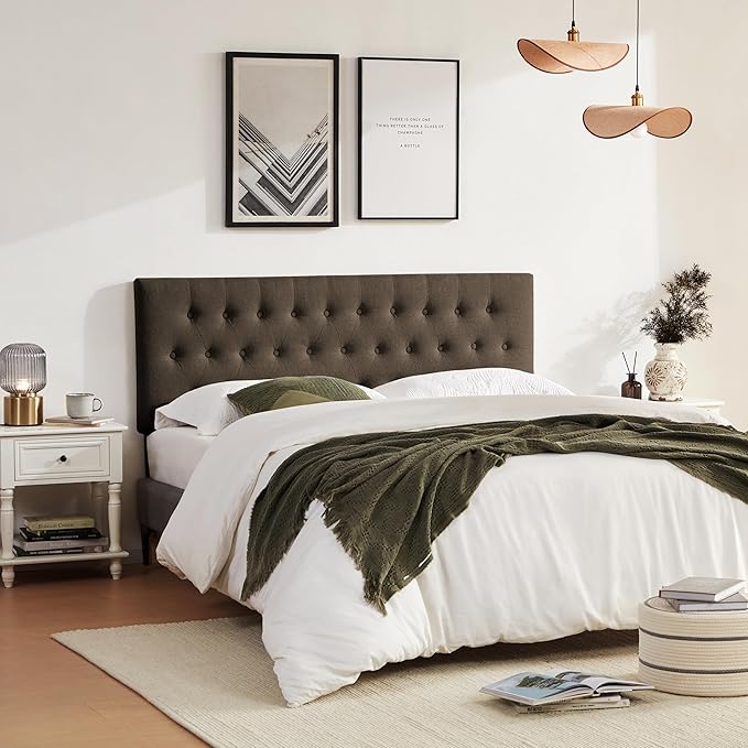 Tufted Upholstered Headboard King Size, Solid Wood Head Board with Durable Metal Legs, Adjustable Height Bed headboard from 37” to 51” Fabric Headboard in Modern Button Design, Chocolate