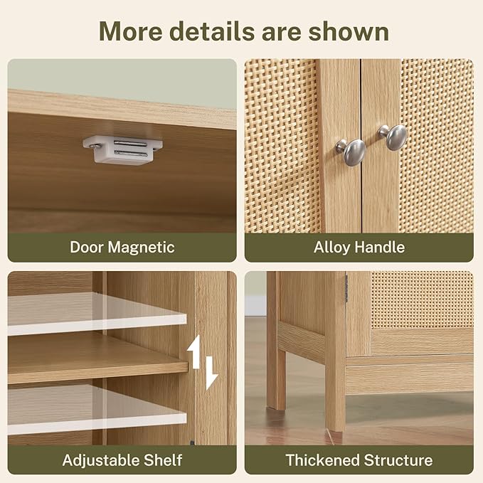Iwell Storage Cabinet, Rattan Cabinet with Adjustable Shelf, for Living Room, Entryway, Kitchen, Home Office, Nature
