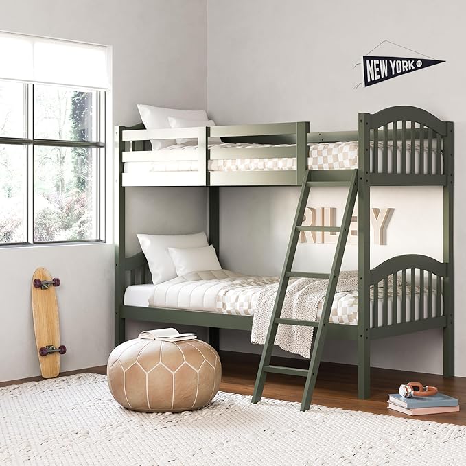 Storkcraft Long Horn Twin-Over-Twin Bunk Bed (Olive) - GREENGUARD Gold Certified, Converts to 2 Individual Twin Beds