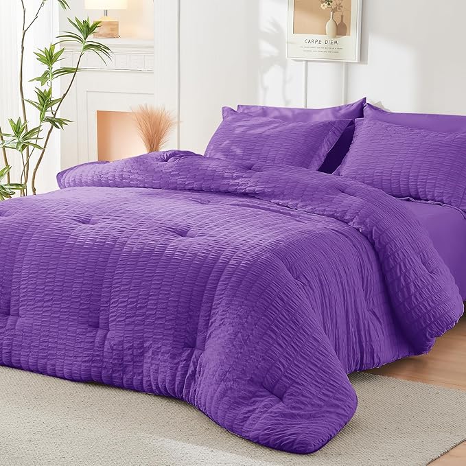 HYMOKEGE Dark Purple Twin Comforter Set Seersucker 5 Pieces, All Season Luxury Bed in a Bag for Bedroom, Bedding Set with Comforter, Sheets, Pillowcase & Sham