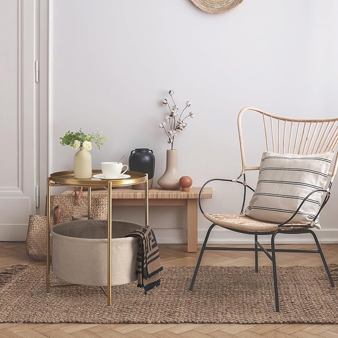 danpinera Round Side Table with Fabric Storage Basket, Pack of 2, Metal Side Table Small Bedside Nightstand with Removable Tray Top for Living Room, Bedroom, Nursery, Laundry, Gold