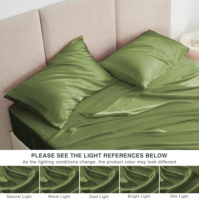 Love's cabin California King Satin Sheet Sets - 4 Piece Sage Silky Sheets Bed Set with Deep Pocket, Luxury Silk Feel Satin Cal King Sheet Set (1 Flat Sheet,1 Fitted Sheet,2 Pillow Cases)