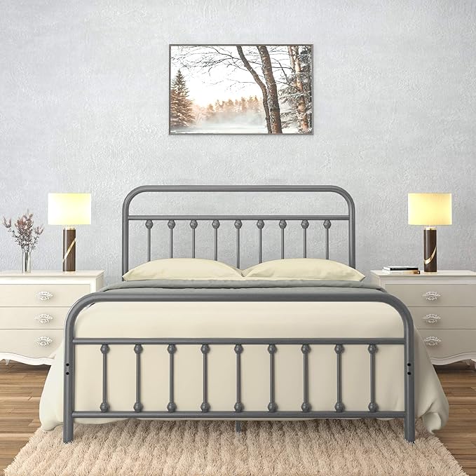Golden Gate Beds Victorian Vintage Style Metal Bed Frame with Wrought Iron Headboard and Footboard, Classic Platform Bedframe Storage, No Box Spring Needed, Mattress Foundation, Silver, Queen Size