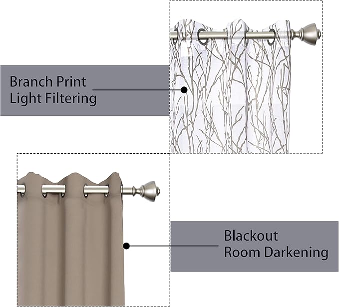 BONZER Mix and Match Curtains - 2 Pieces Branch Print Sheer Curtains and 2 Pieces Blackout Curtains for Bedroom Living Room Grommet Window Drapes, 37x84 Inch/Panel, Taupe, Set of 4 Panels