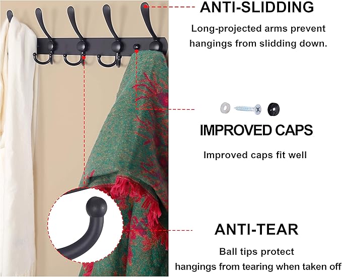 Dseap Coat Rack Wall Mounted - 5 Tri Hooks, Heavy Duty, Stainless Steel, Metal Coat Hook Rail for Coat Hat Towel Purse Robes Mudroom Bathroom Entryway, Pink