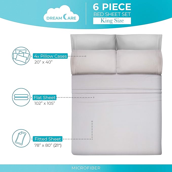 DREAMCARE King Size Sheets Set – 6 pcs Cooling Bed Sheets – up to 21” Deep Pocket King Sheet Set – 2500 Supreme Collection – Extra Soft 100% Brushed Microfiber Hotel Luxury with Side Pocket – L Gray