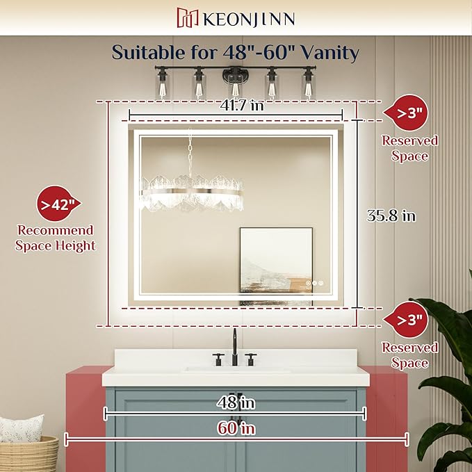 Keonjinn Bathroom LED Mirror 42 x 36 Inch Frontlit and Backlit, Stepless 3 Colors Temperature & Dimmable Tempered Glass Mirror, UL Listed LED Driver, Double LED Strips, Anti-Fog Lighted Vanity Mirror