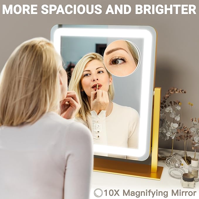 FENNIO Vanity Mirror with Lights - 15"x12.6" LED Lighted Makeup Mirror, Large Makeup Mirror with Lights, Touch Screen with 3-Color Lighting, Dimmable, for Vanity Desk Tabletop, Bedroom Gold