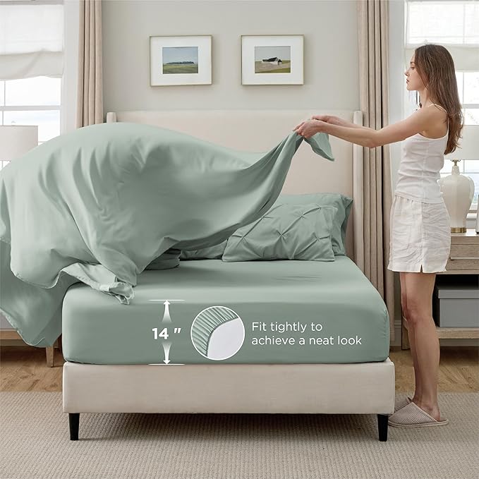 Bedsure King Size Comforter Set Sage Green - Bed in a Bag Bedding Set 7 Pieces, GentleSoft™ Pintuck Bed Set Gift for Family, Pinch Pleat Sage Green Comforter with Sheets, Pillowcases & Shams