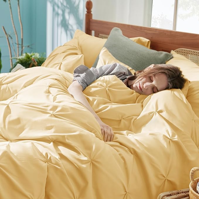 Bedsure California King Comforter Set Yellow - Bed in a Bag Cal King Bedding Set 7 Pieces, GentleSoft™ Pintuck Bed Set Gift for Family, Pinch Pleat Yellow Comforter with Sheets, Pillowcases & Shams