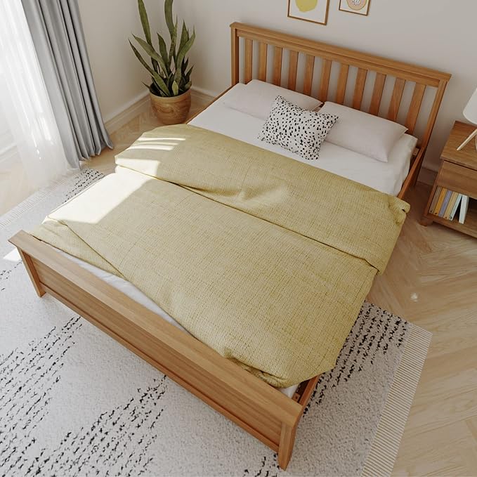 Max & Lily Queen Bed Frame with Slatted Headboard, Solid Wood Platform Bed for Kids, No Box Spring Needed, Easy Assembly, Pecan