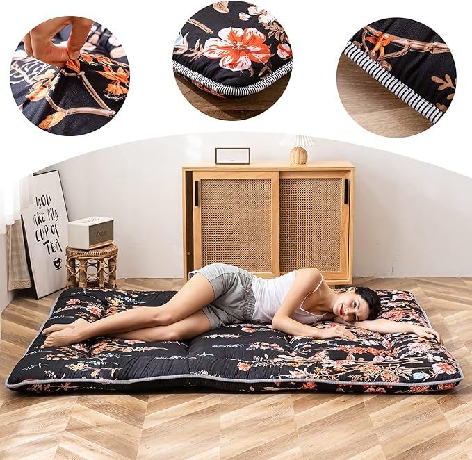 MAXYOYO Japanese Futon Mattress Floor Mattress Sleeping Pad Foldable Bed Roll Up Camping Cushion Floor Lounger Bed Couches and Sofas Couch Topper, Black Floral, Full Size