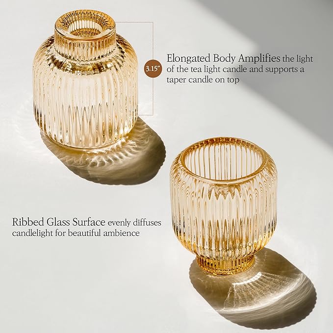 Set of 4 Gold Glass Candlesticks – Candle Sticks Holder Decor for Home or Events – Elegant Taper Candle Holders