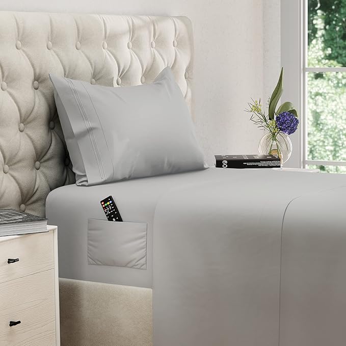DREAMCARE Twin Sheets - 3pcs Cooling Sheets – up to 21” Extra Deep Pocket Twin Bed Sheets - Twin Sheet Set - Bed Sheets Twin with Side Pocket - L Gray