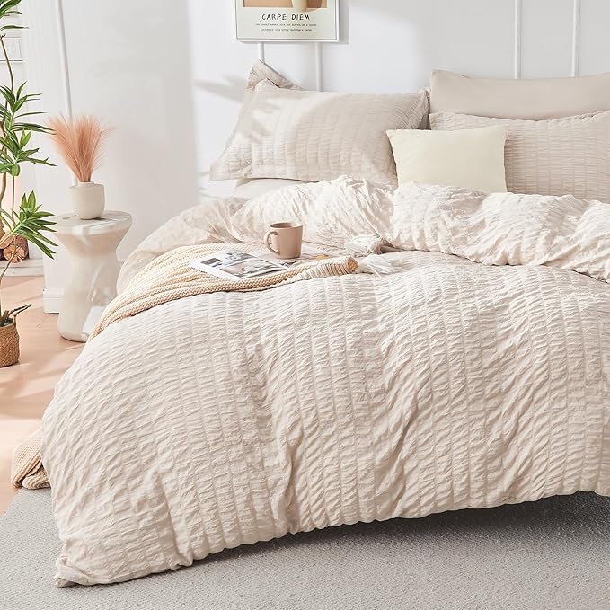 HYMOKEGE Beige Oversized King Comforter Set Seersucker 7 Pieces, All Season Luxury Bed in a Bag for Bedroom, Bedding Set with Comforter, Sheets, Pillowcases & Shams