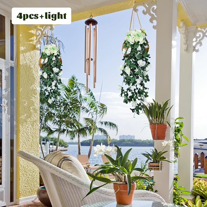 RECUTMS Artificial Rose Vine Plants Hanging 4Pieces 3.3Ft,Fake Light up Vines with 30 LED Lights Decor for Home, Office,Room, Door, Garden,Porch, Wedding Decoration (White)