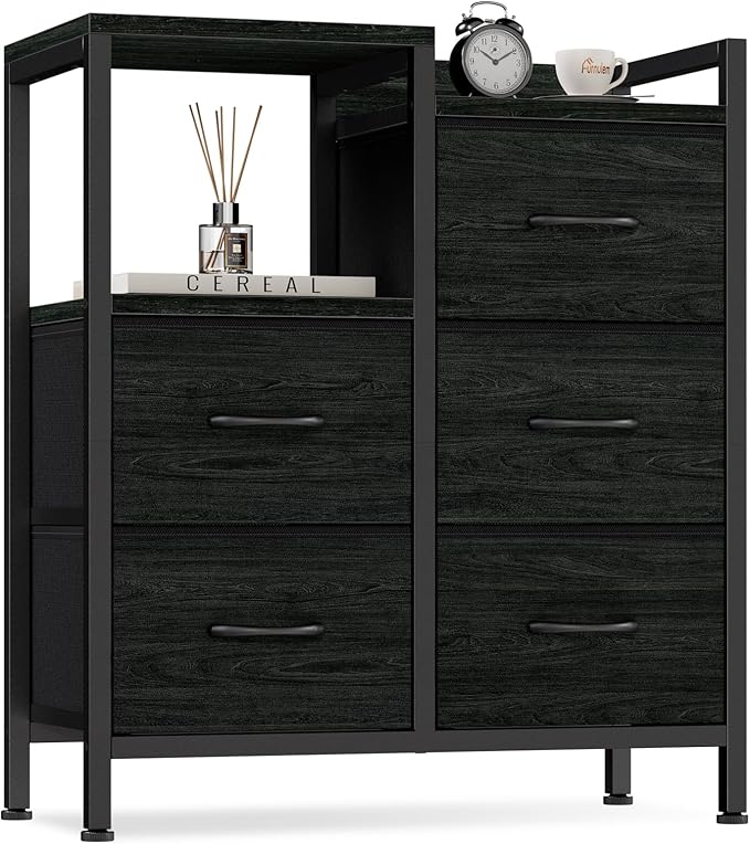 Furnulem 5 Drawer Black Dressers for Bedroom 2 Tier Shelf Storage Small Fabric Dresser for Closet Sturdy Metal Frame Modern Style Storage Cabinets Organization Units for Hallway Rooms